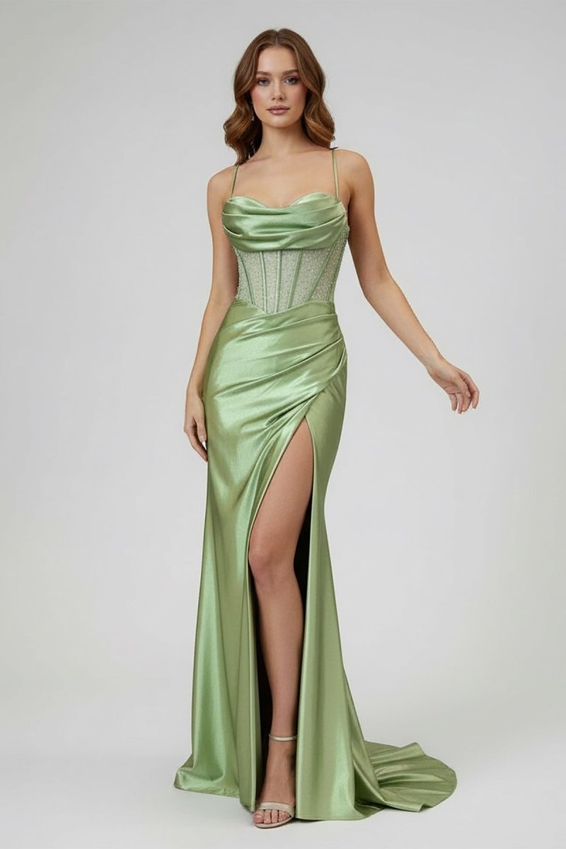 Jeni | Sage Scoop Neck Satin Mermaid Long Prom Dress with Slit