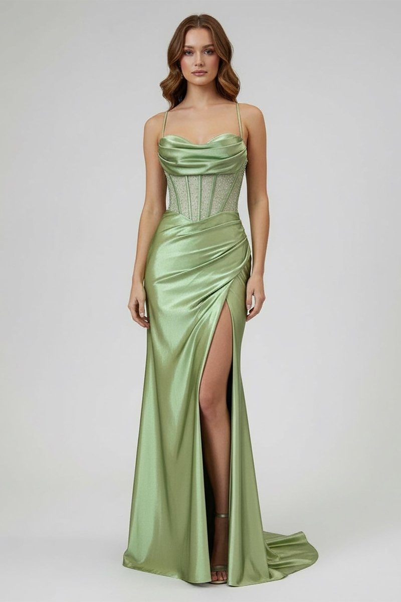 Jeni | Sage Scoop Neck Satin Mermaid Long Prom Dress with Slit