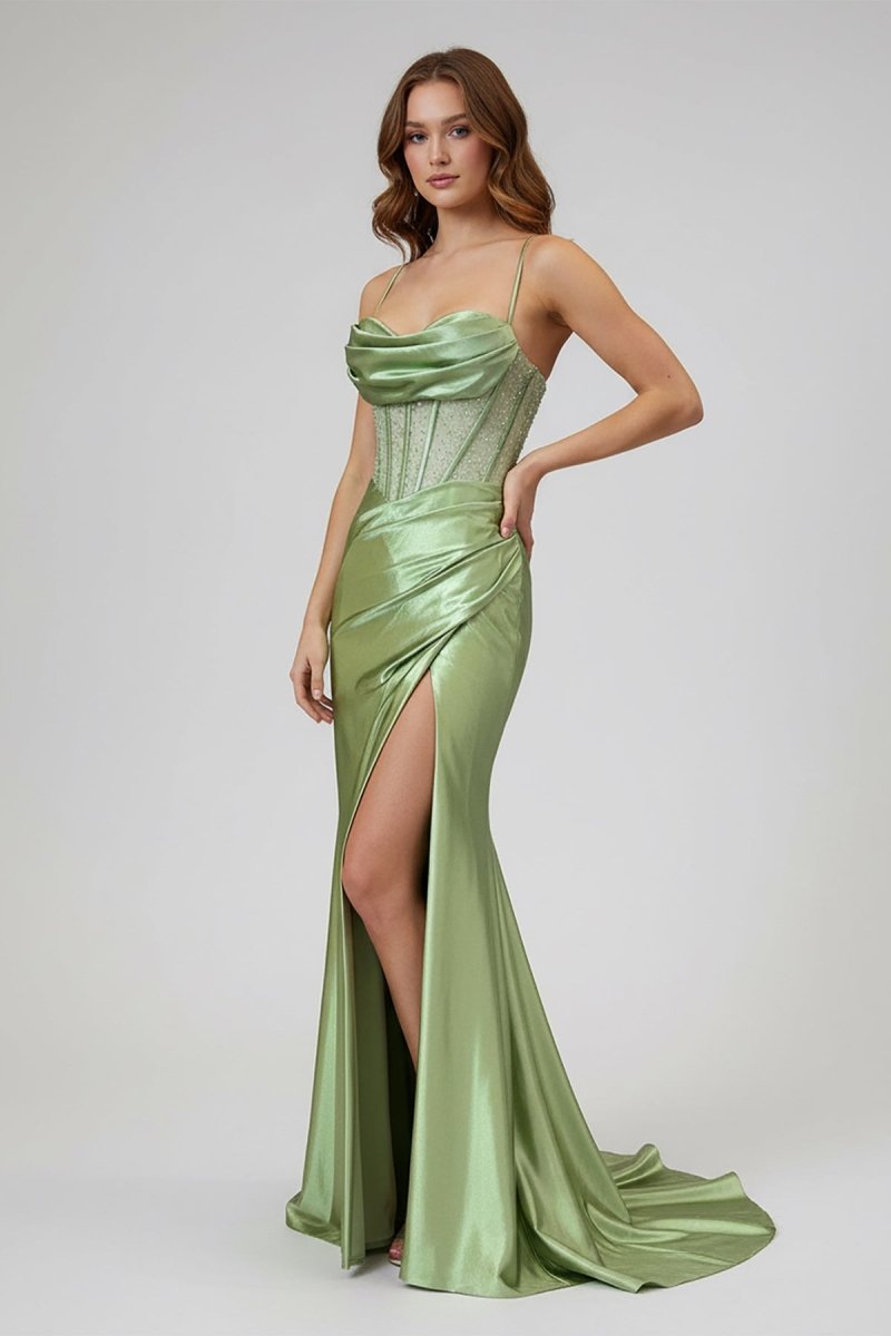 Jeni | Sage Scoop Neck Satin Mermaid Long Prom Dress with Slit