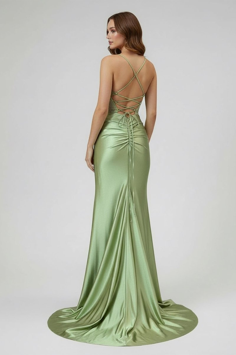 Jeni | Sage Scoop Neck Satin Mermaid Long Prom Dress with Slit