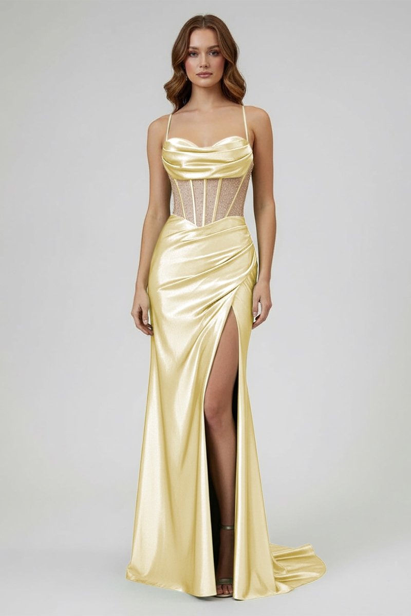 Jeni | Sage Scoop Neck Satin Mermaid Long Prom Dress with Slit