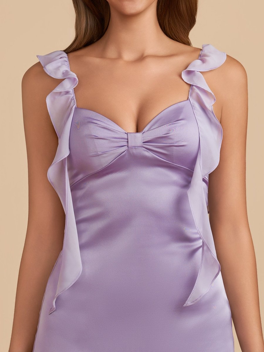 Kaerith | Lilac - Sheath Satin V Neck Short Homecoming & Cocktail Dresses with Ruffles