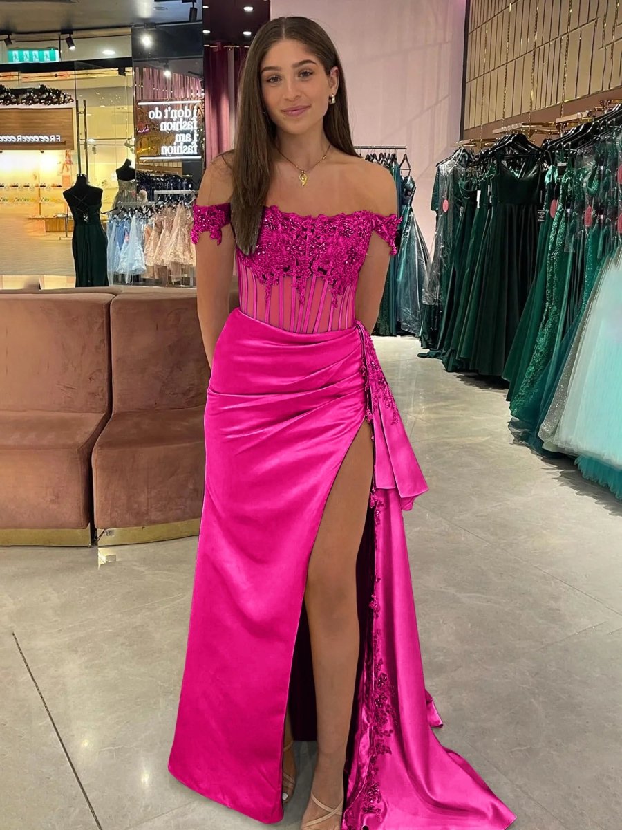 Korla | Off the Shoulder Satin Beaded Prom Dress With Appliques