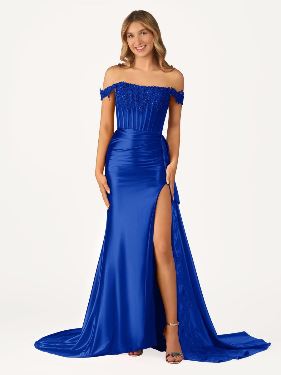 Korla | Off the Shoulder Satin Beaded Prom Dress With Appliques