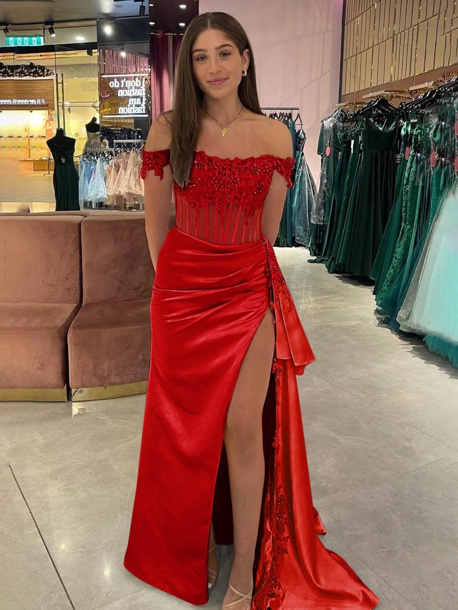 Korla | Off the Shoulder Satin Beaded Prom Dress With Appliques