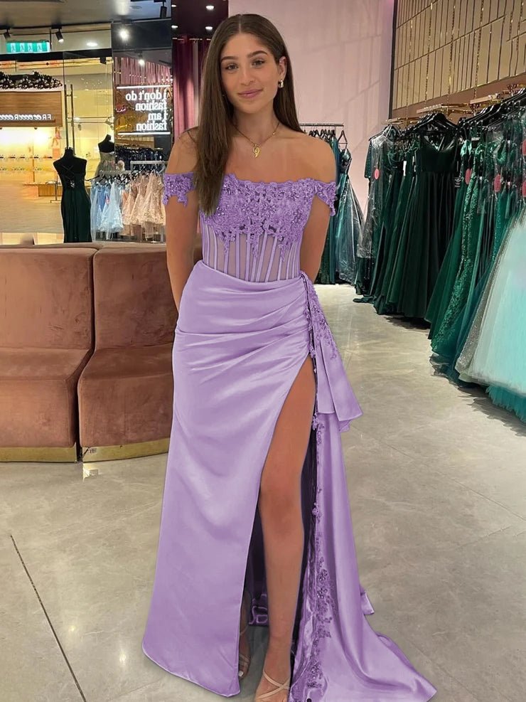 Korla | Off the Shoulder Satin Beaded Prom Dress With Appliques