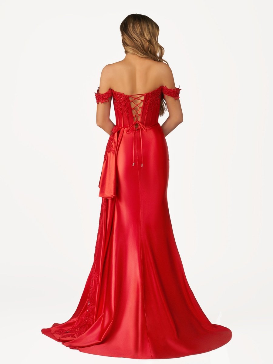 Korla | Off the Shoulder Satin Beaded Prom Dress With Appliques