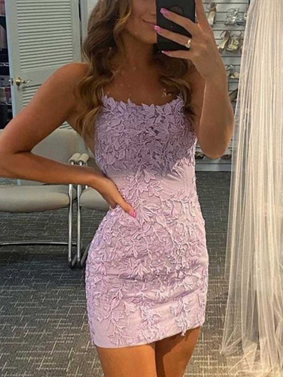 Amari |Sheath Spaghetti Straps Lace Short Homecoming & Cocktail Dresses