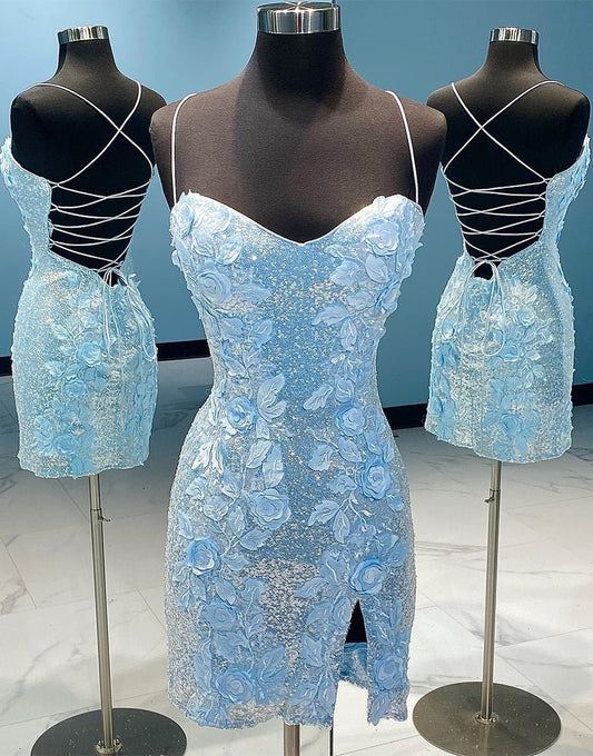 Emilia | Sky Blue Sheath Sequin Open Back Mini Party Dresses with 3D Flowers