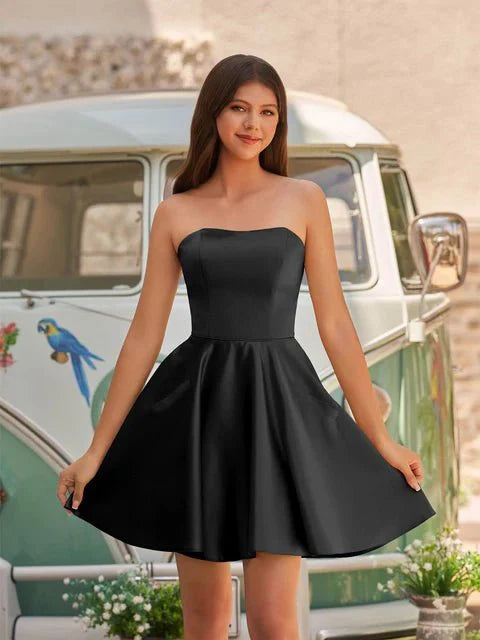 Lisa |A-Line Strapless Satin Homecoming Dress with Pockets