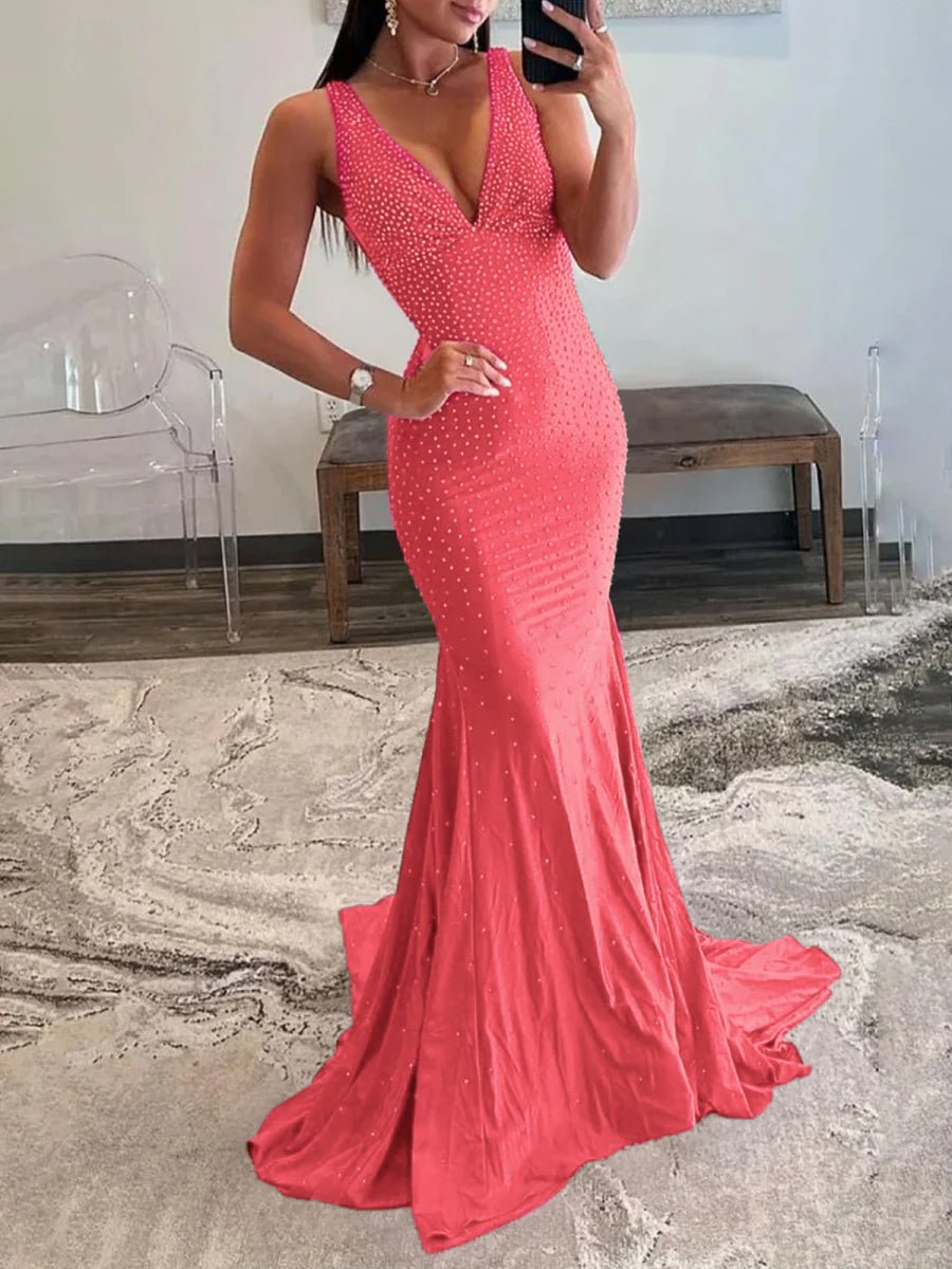 Molly | Mermaid Deep V-Neck Beaded Satin Long Prom Dress