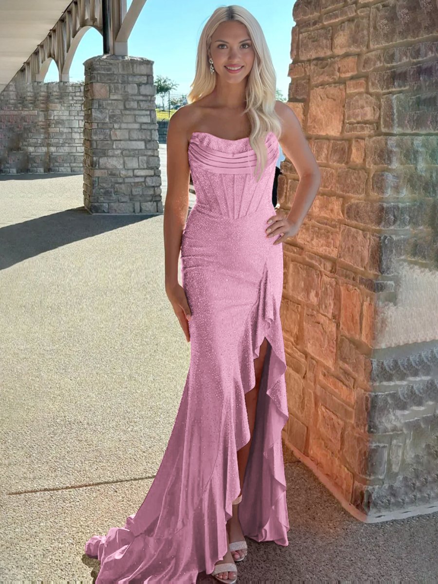 Miles | Mermaid Strapless Asymmetrical Beaded Long Prom Dress with Slit