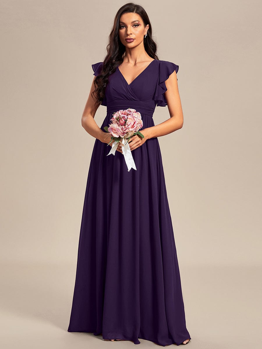 LILYANA|Back Cutout A-Line Pleated Ruffles Sleeve Chiffon Bridesmaid Dress