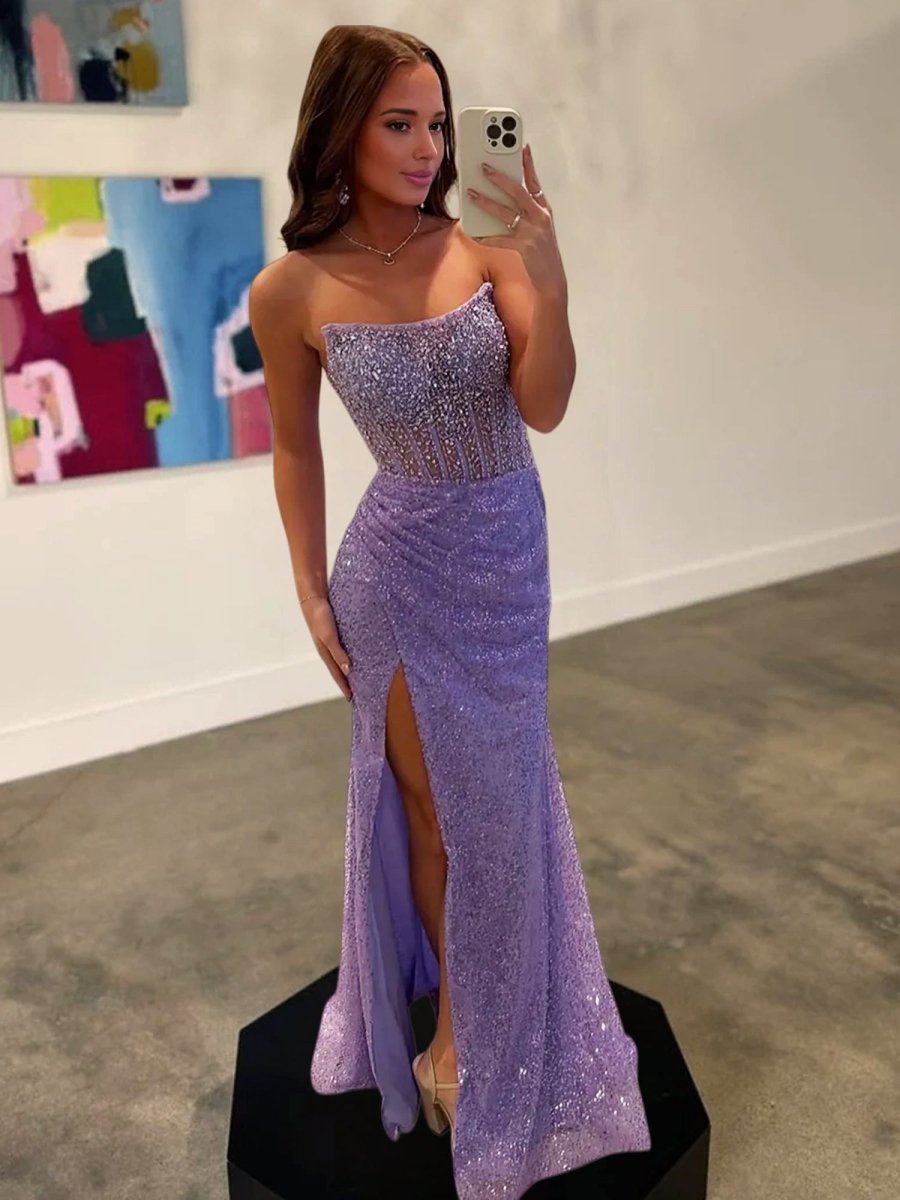 Narcissa | Strapless Mermaid Long Sequins Prom Dress With Split