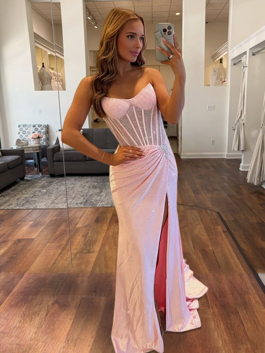 Oren | Mermaid Gold Satin Corset Long Prom Dresses with Slit