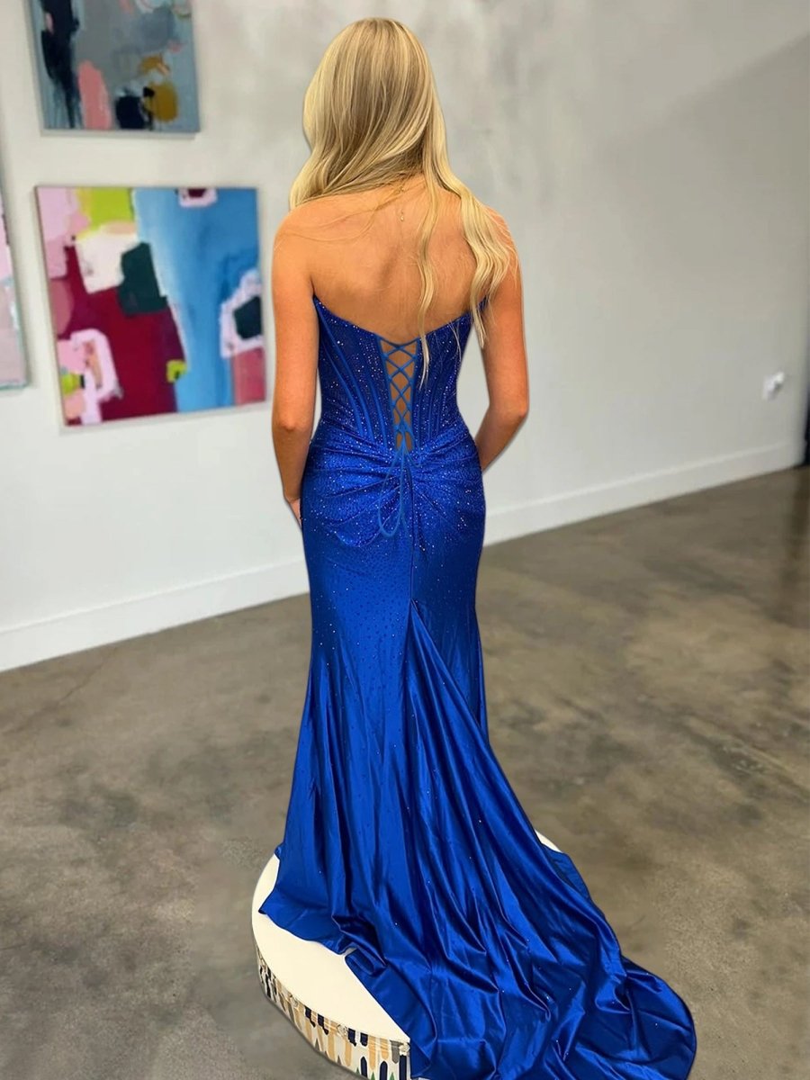 Oren | Mermaid Gold Satin Corset Long Prom Dresses with Slit