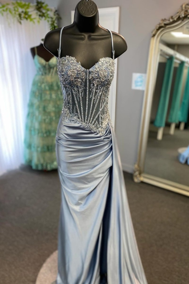 Paddy | Silver Spaghetti Straps Mermaid Appliqued Prom Dress With Split