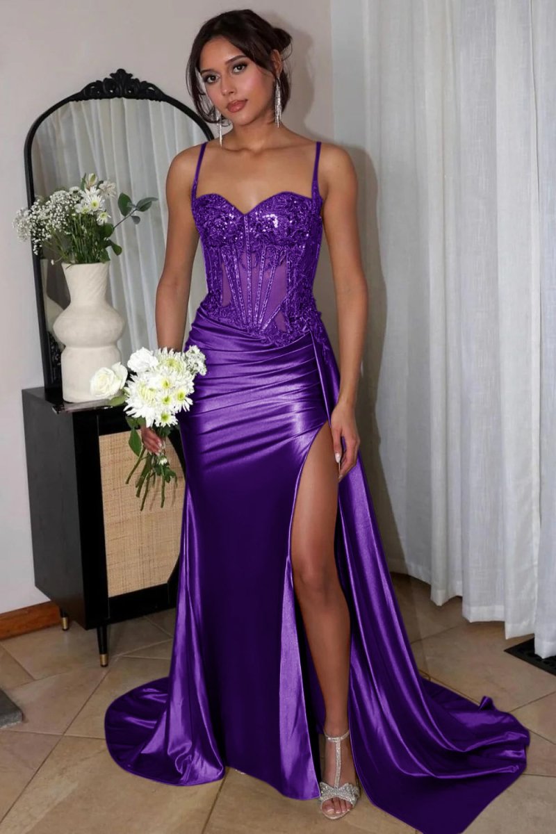 Paddy | Silver Spaghetti Straps Mermaid Appliqued Prom Dress With Split