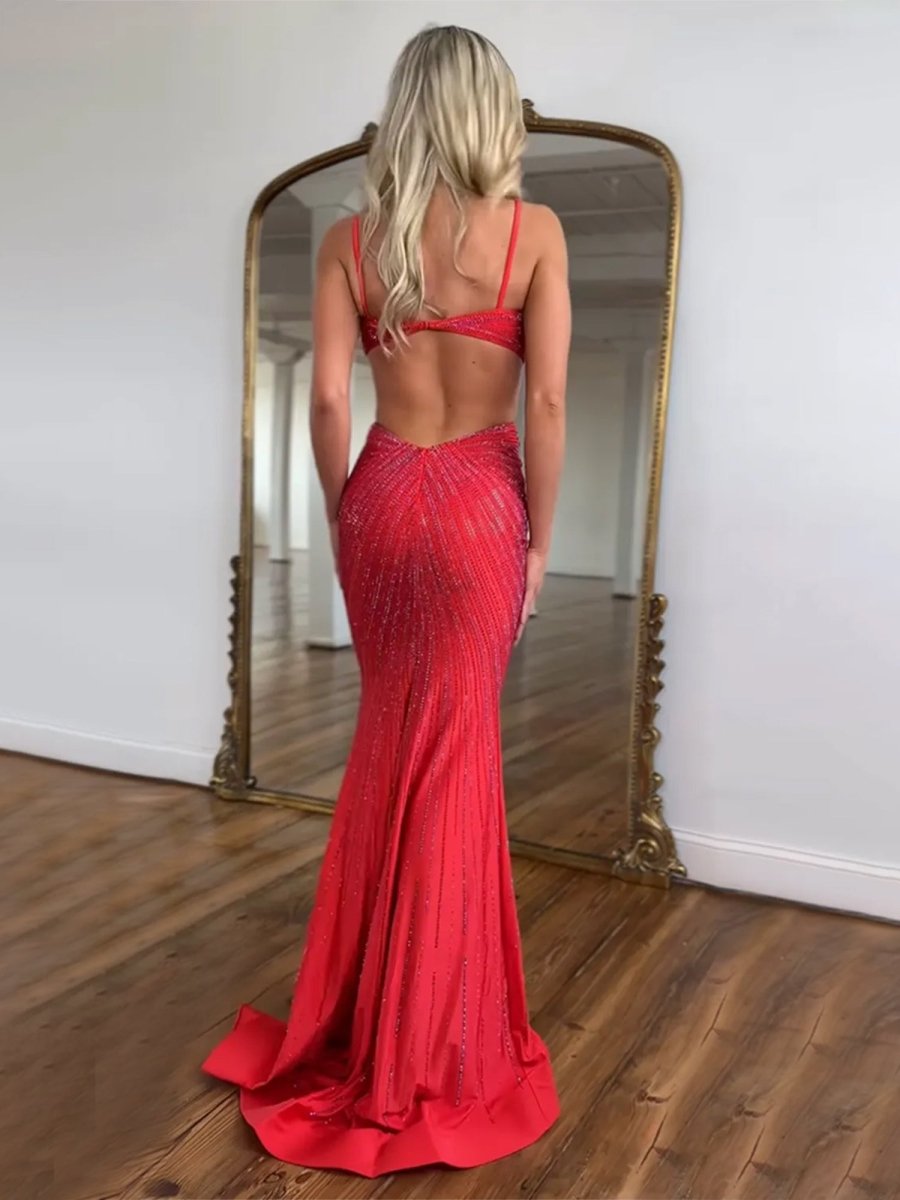 Palmyra | Mermaid V Neck Blue Satin Cut-out Waist Prom Dresses