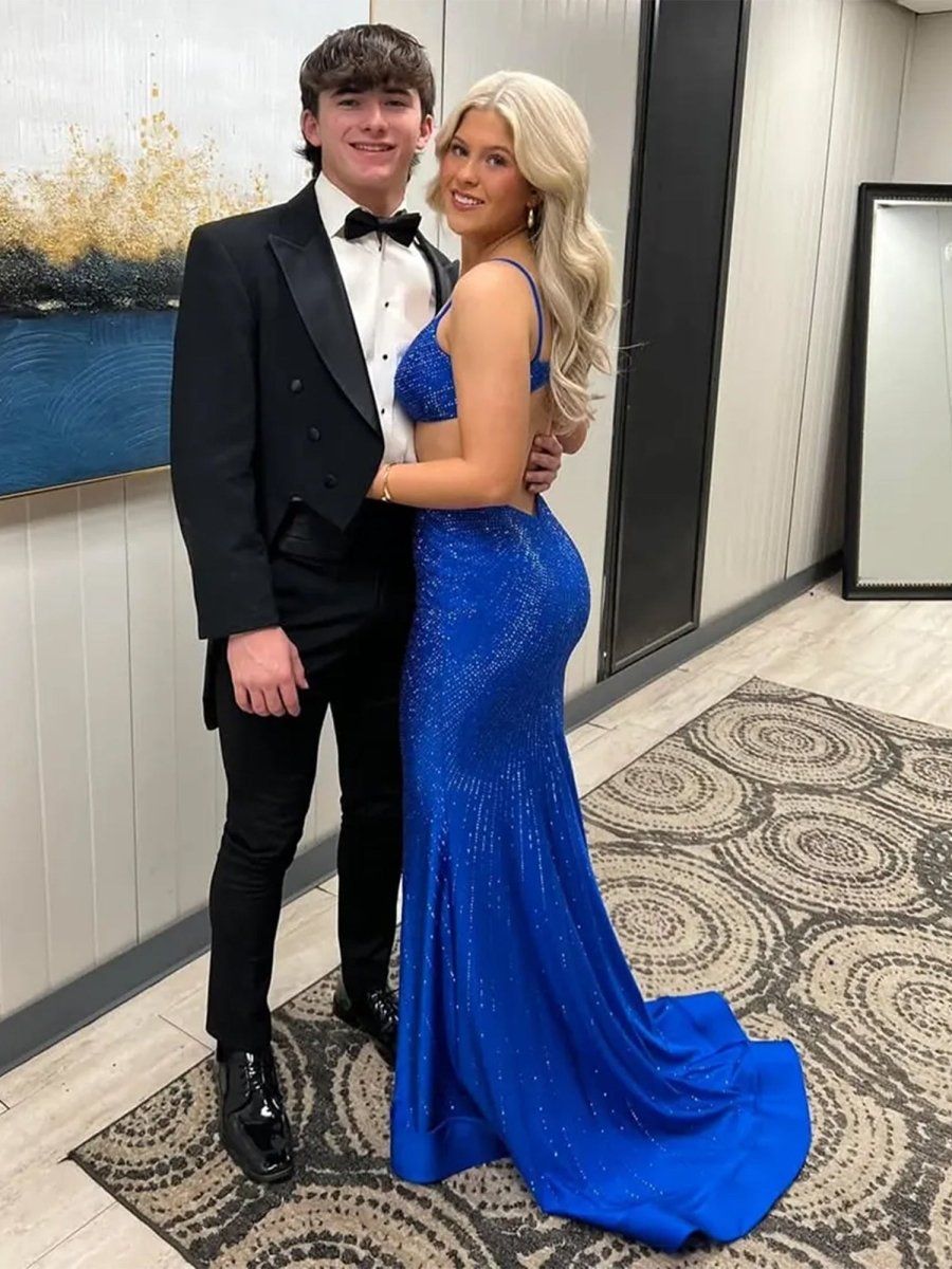 Palmyra | Mermaid V Neck Blue Satin Cut-out Waist Prom Dresses