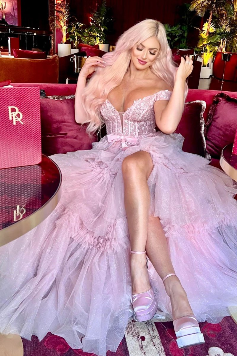 Princess A Line Off the Shoulder Light Pink Long Prom Dress with Ruffles