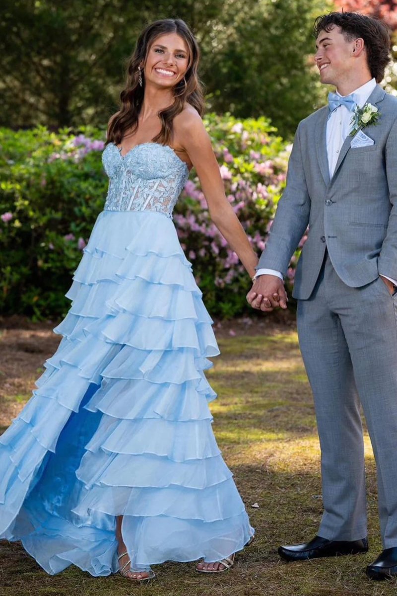 Alondra | Royal Blue Chiffon Sweetheart Ruffle Tiered Long Prom Dress
