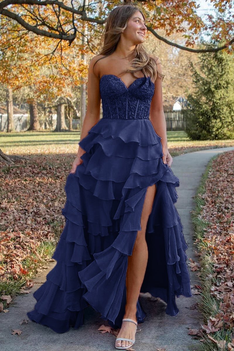 Alondra | Royal Blue Chiffon Sweetheart Ruffle Tiered Long Prom Dress