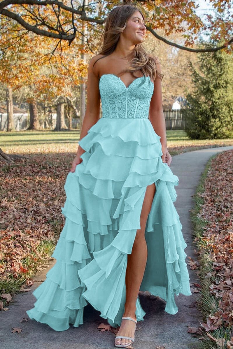Alondra | Royal Blue Chiffon Sweetheart Ruffle Tiered Long Prom Dress