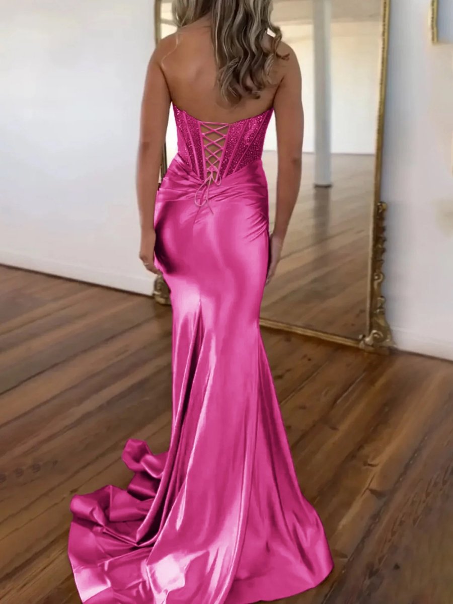 Serin | Purple Strapless Mermaid Satin Long Prom Dress With Beading