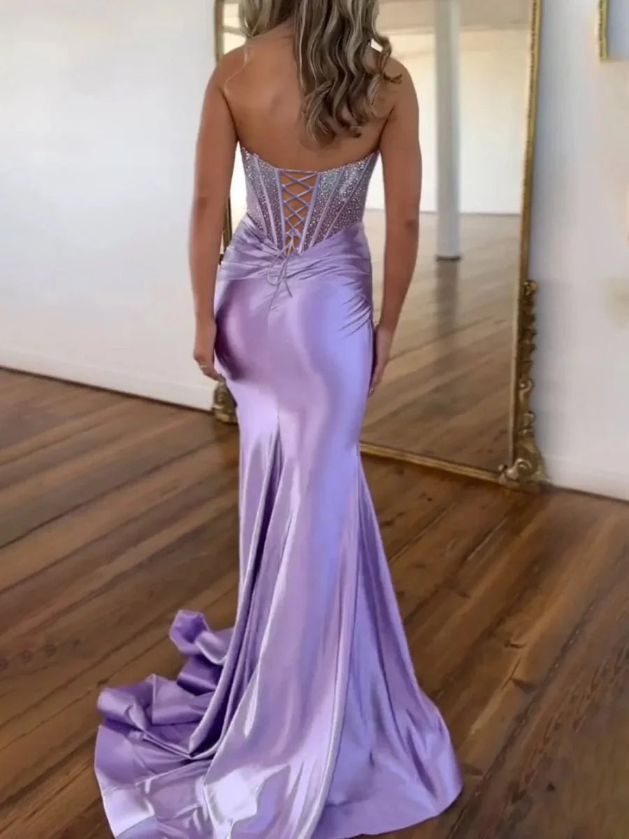 Serin | Purple Strapless Mermaid Satin Long Prom Dress With Beading