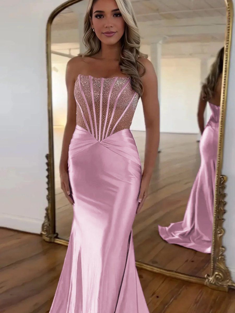Serin | Purple Strapless Mermaid Satin Long Prom Dress With Beading