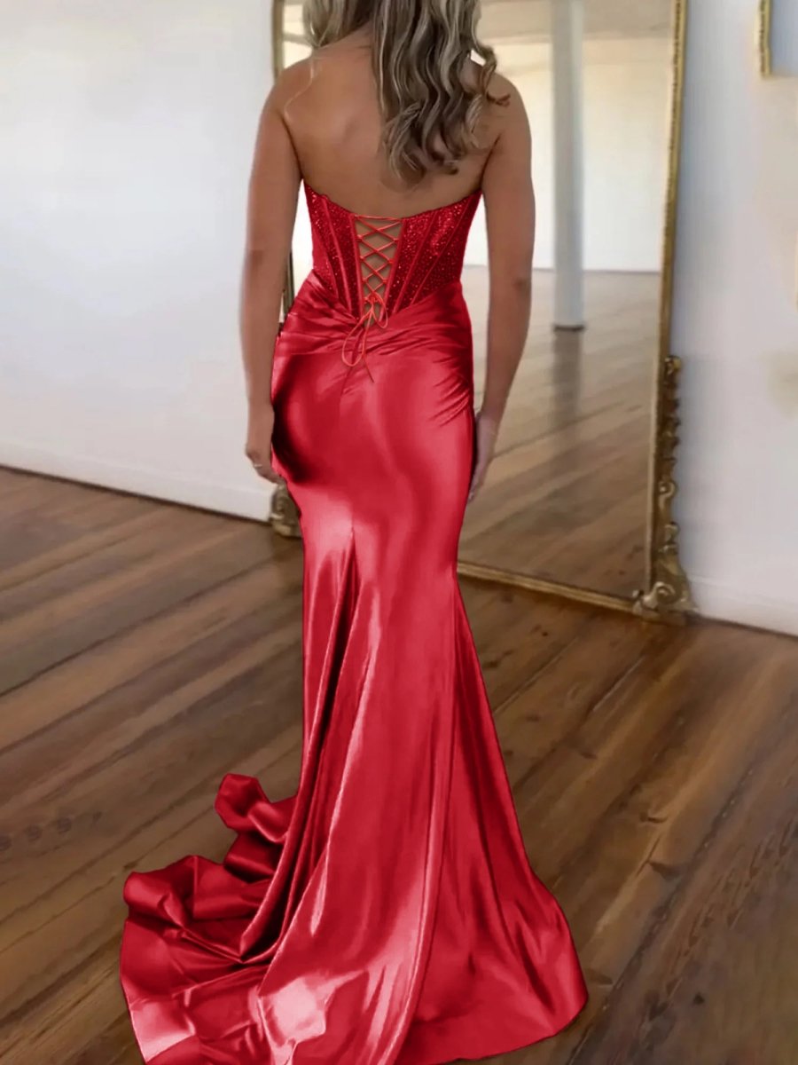 Serin | Purple Strapless Mermaid Satin Long Prom Dress With Beading