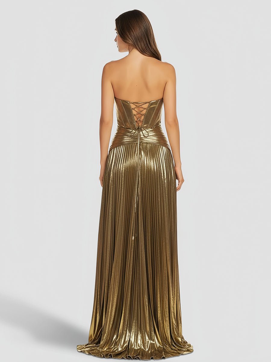 Sileas | Sweetheart Metallic Pleated Long Formal Dress With Slit