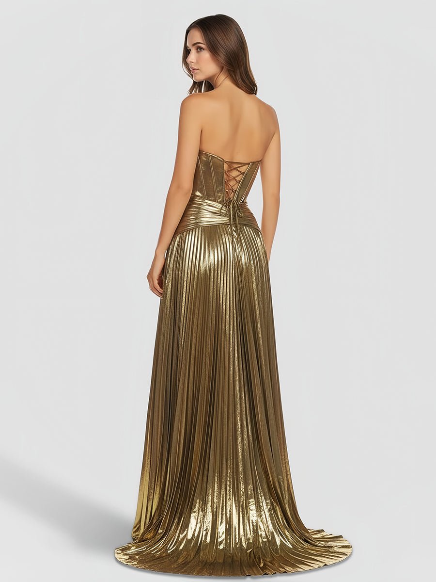 Sileas | Sweetheart Metallic Pleated Long Formal Dress With Slit