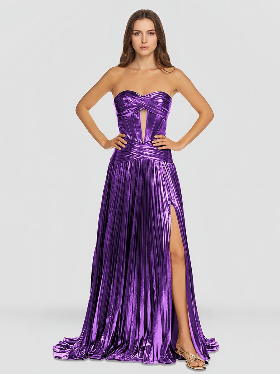 Sileas | Sweetheart Metallic Pleated Long Formal Dress With Slit