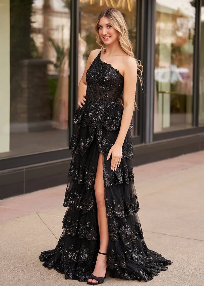 Livia |Sheath One Shoulder Tiered Lace Long Prom Dress