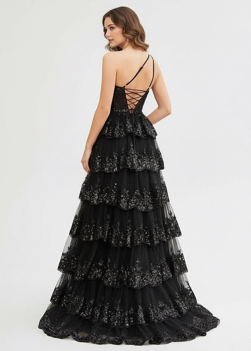 Livia |Sheath One Shoulder Tiered Lace Long Prom Dress