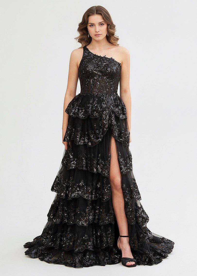 Livia |Sheath One Shoulder Tiered Lace Long Prom Dress