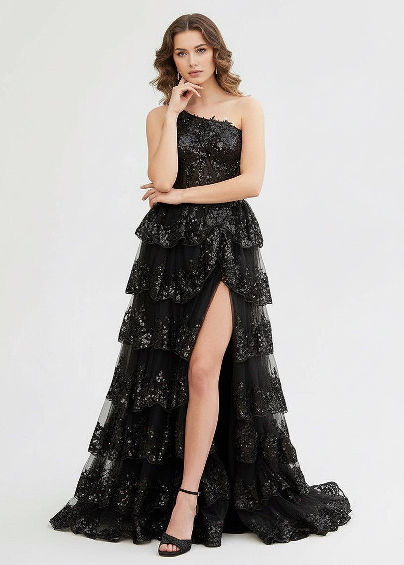 Livia |Sheath One Shoulder Tiered Lace Long Prom Dress