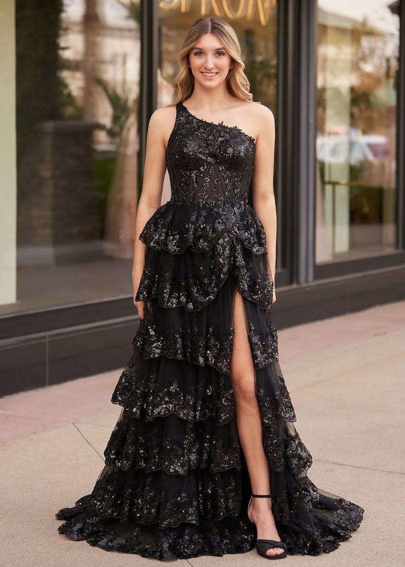 Livia |Sheath One Shoulder Tiered Lace Long Prom Dress
