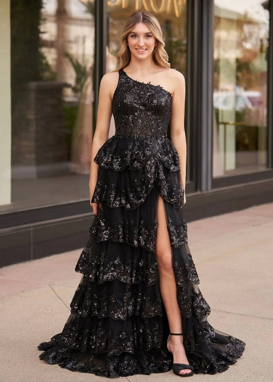 Livia |Sheath One Shoulder Tiered Lace Long Prom Dress