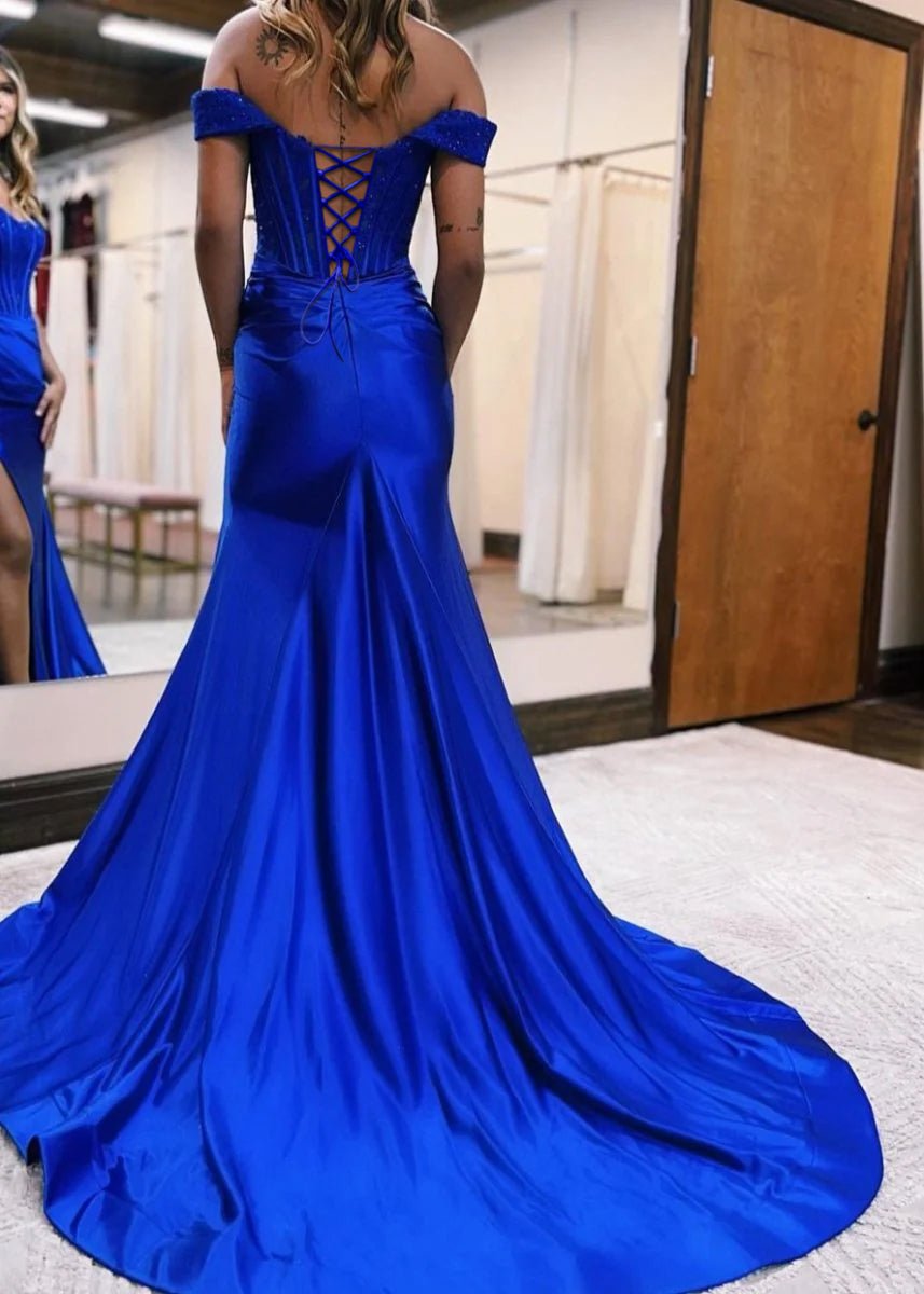 Raelyn |Mermaid Off the Shoulder Satin Prom Dress with Slit