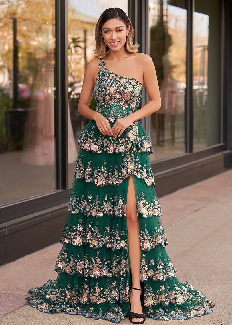 Livia |Sheath One Shoulder Tiered Lace Long Prom Dress