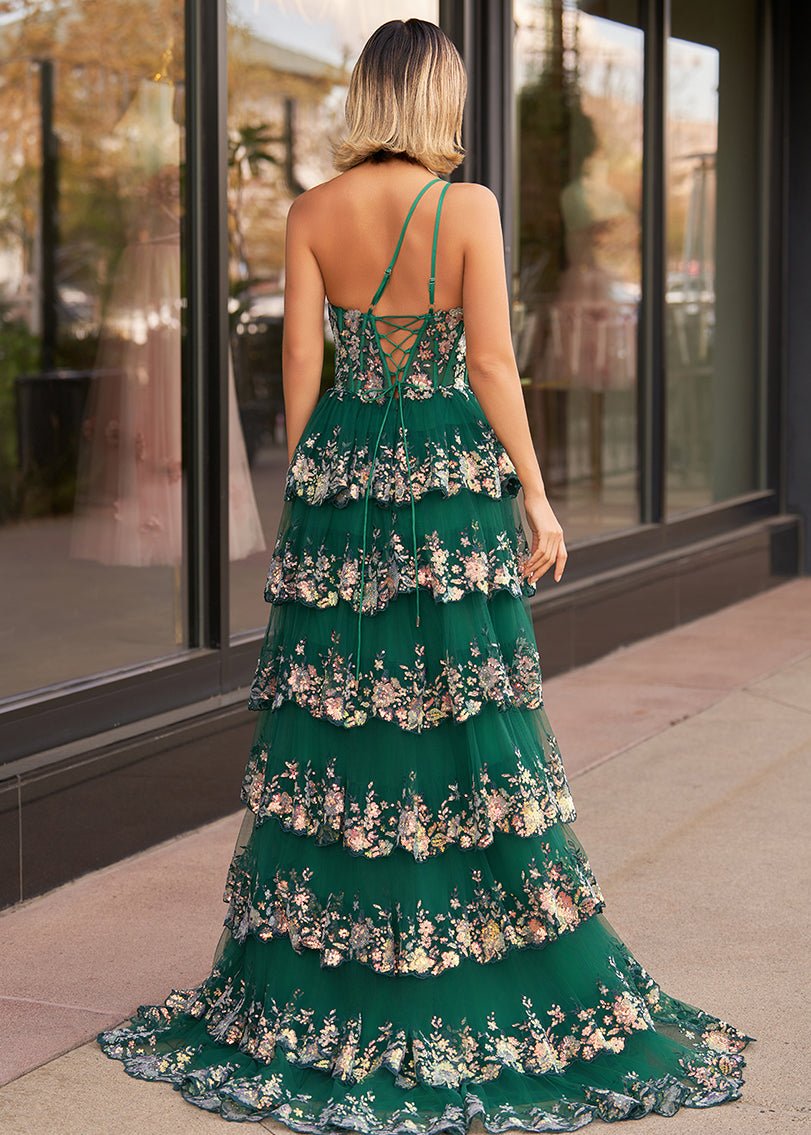 Livia |Sheath One Shoulder Tiered Lace Long Prom Dress