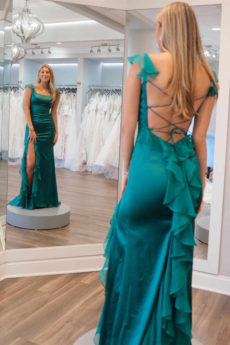 Ailani | Emerald Green Square Neck Ruffle Slit Prom Dress