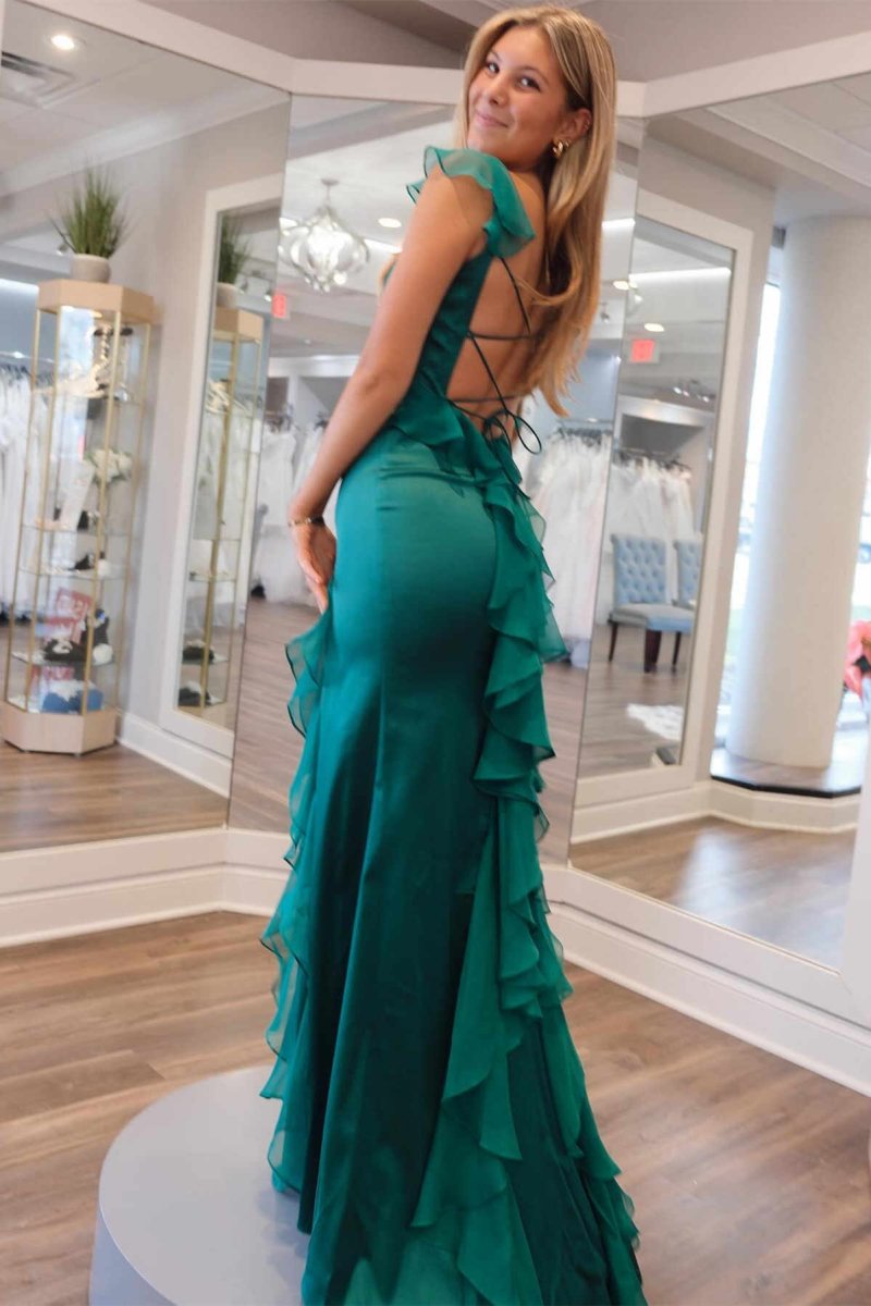Ailani | Emerald Green Square Neck Ruffle Slit Prom Dress