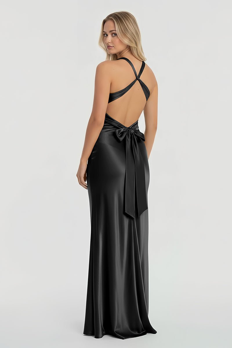 Steph | Turquoise - Halter V-Neck Pleated Satin Sleeveless Long Prom Party Dress