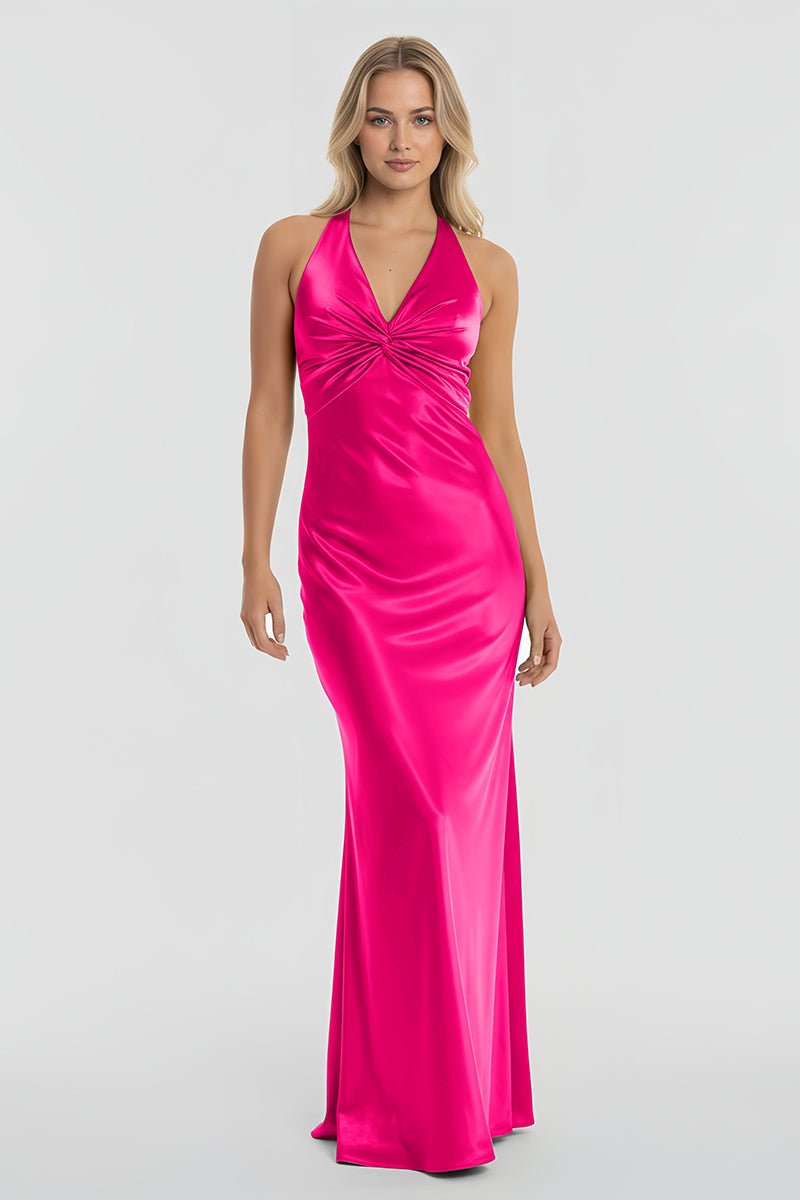 Steph | Turquoise - Halter V-Neck Pleated Satin Sleeveless Long Prom Party Dress