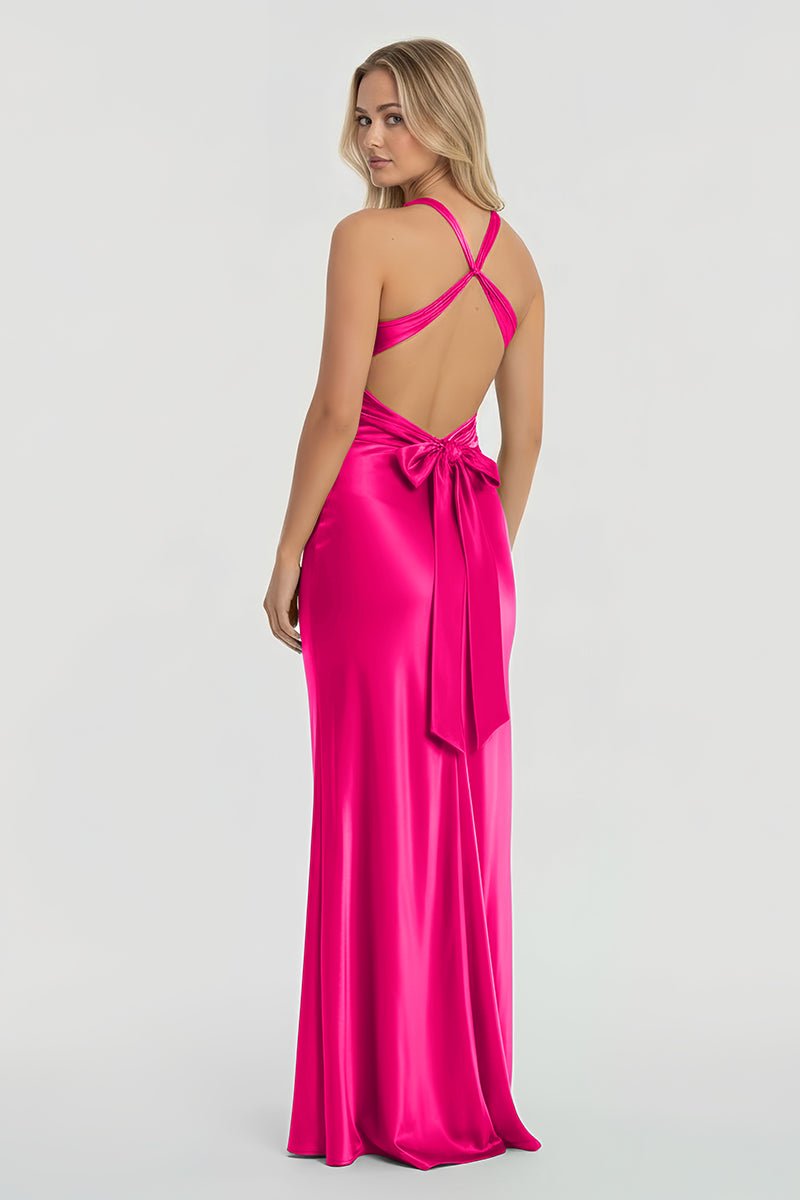 Steph | Turquoise - Halter V-Neck Pleated Satin Sleeveless Long Prom Party Dress