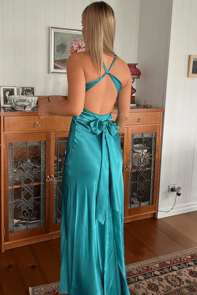 Steph | Turquoise - Halter V-Neck Pleated Satin Sleeveless Long Prom Party Dress
